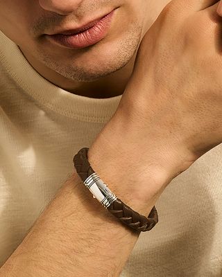 Men's Sterling Silver Braided Brown Leather Bracelet