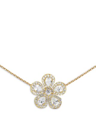 18K Yellow Gold Classic Flower Diamond Pear & Round Three Station Necklace, 16-18"