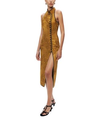  High-Neck Button-Detail Midi Dress