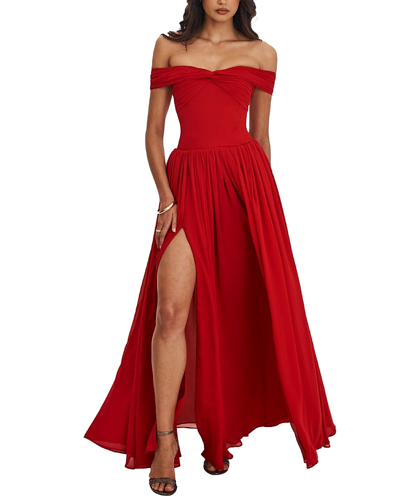 Miss Circle Tereza Georgette Bardot High-Slit Maxi Dress