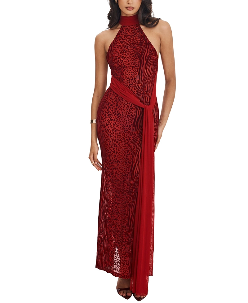 Miss Circle Cerise Burnout Velvet Multiwear Mesh Ribbon Maxi Dress