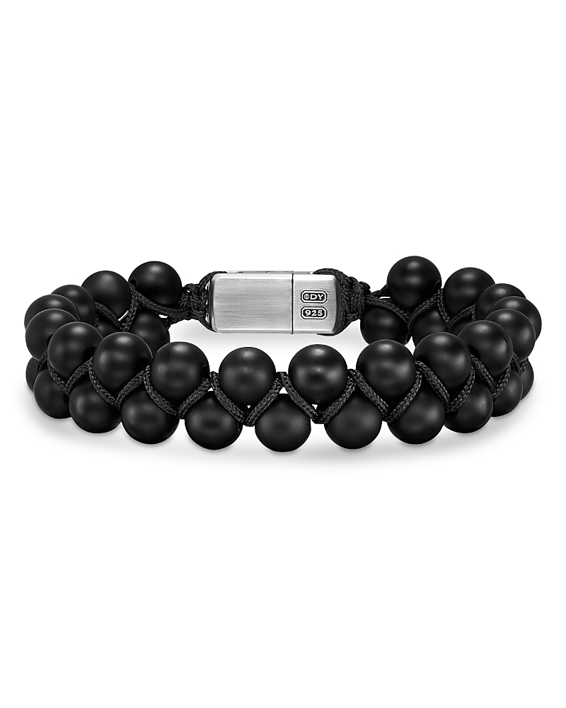 Men's Spiritual Beads Two Row Woven Bracelet with Black Onyx, Black Nylon and Sterling Silver, 8mm