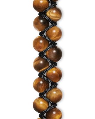 Men's Spiritual Beads Two Row Woven Bracelet Collection with Tiger's Eye, Black Nylon and Sterling Silver, 8mm