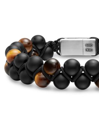 Men's Spiritual Beads Two Row Woven Bracelet Collection with Black Onyx, Tiger's Eye, Black Nylon and Sterling Silver, 8mm