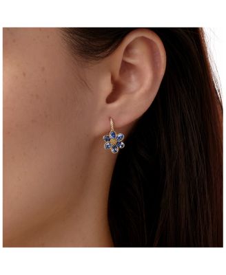 18K Yellow Gold FJ Blue Sapphire & Diamond Fiori Flower Drop Earrings