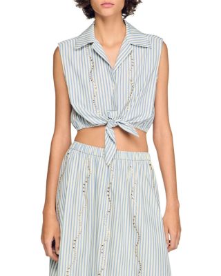 Lucio Cropped Striped Rhinestone Trim Shirt