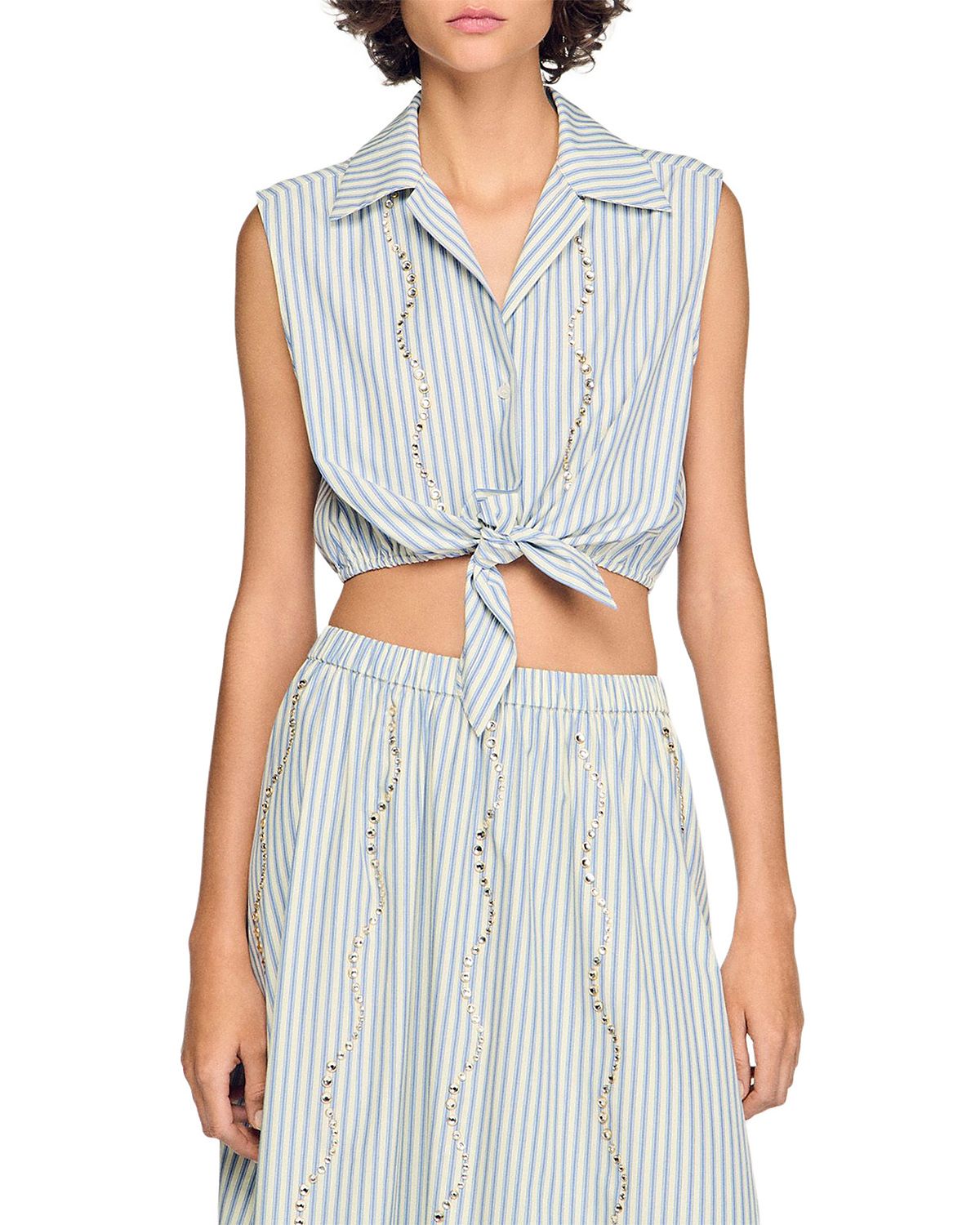 Sandro Lucio Cropped Striped Rhinestone Trim Shirt