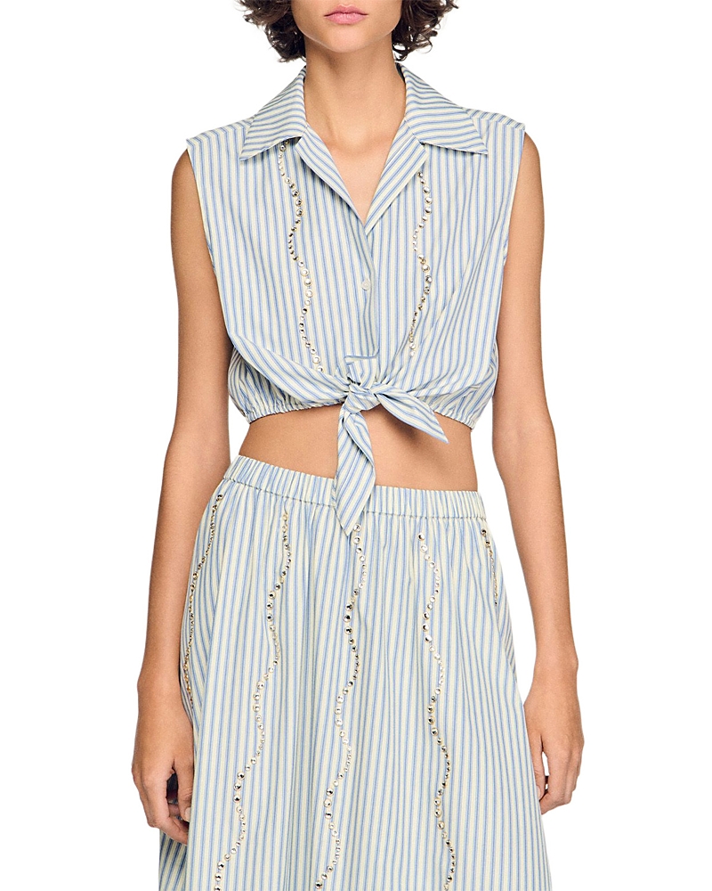 Sandro Lucio Cropped Striped Rhinestone Trim Shirt