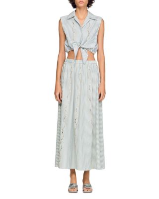 Lucia Rhinestone Trim Striped Long Skirt