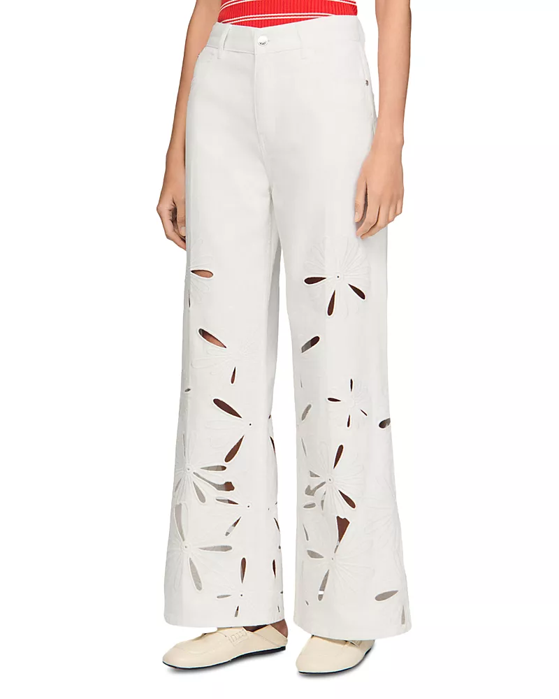 Sandro Flo High Rise Wide Leg Embroidered Pants