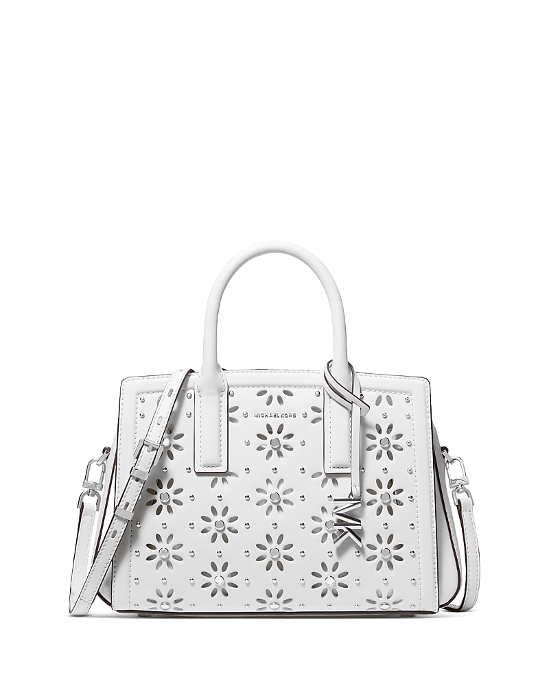 Michael Kors Laila Small Flower Cutout Leather Satchel In Optic White