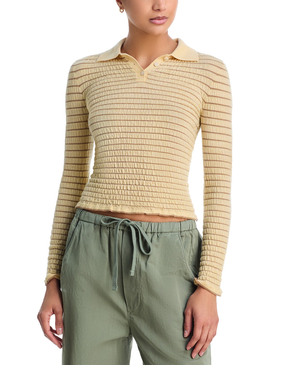 Guest In Residence Smocked Cashmere Polo Shirt in Butter/Camel