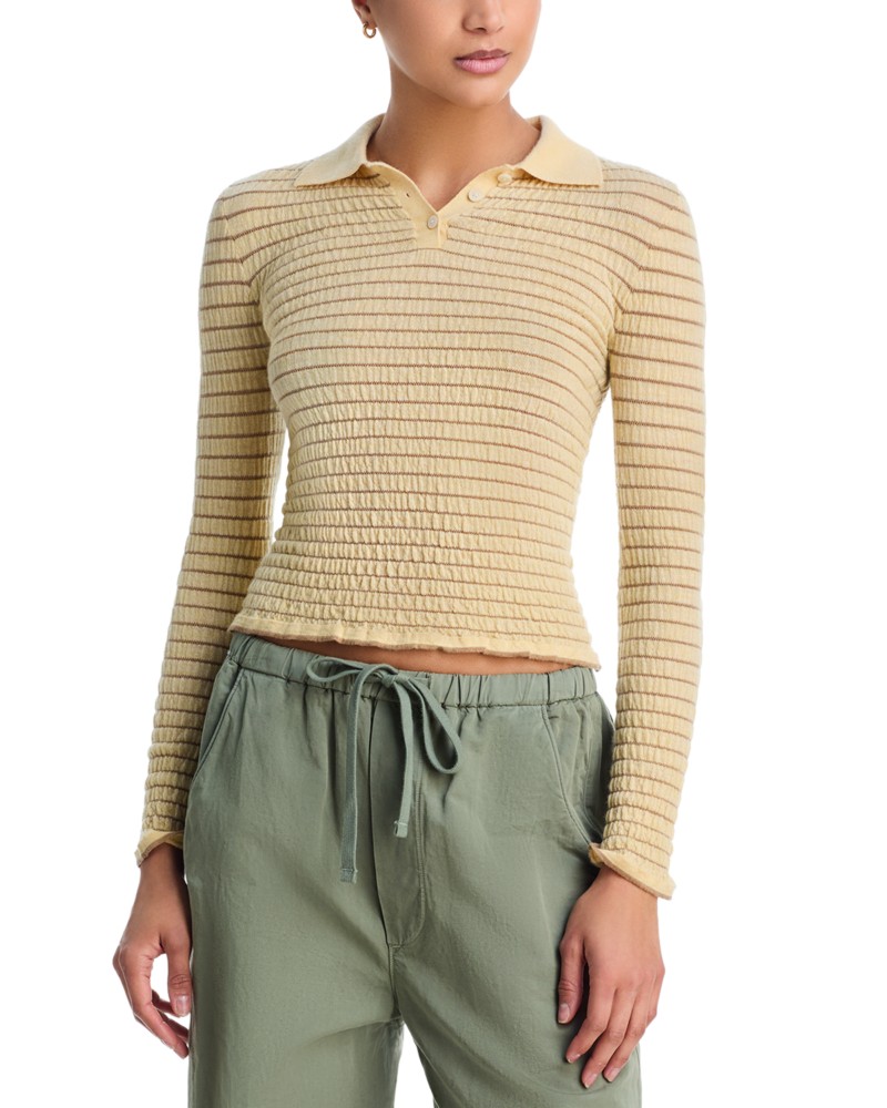 Guest In Residence Smocked Cashmere Polo Shirt in Butter/Camel