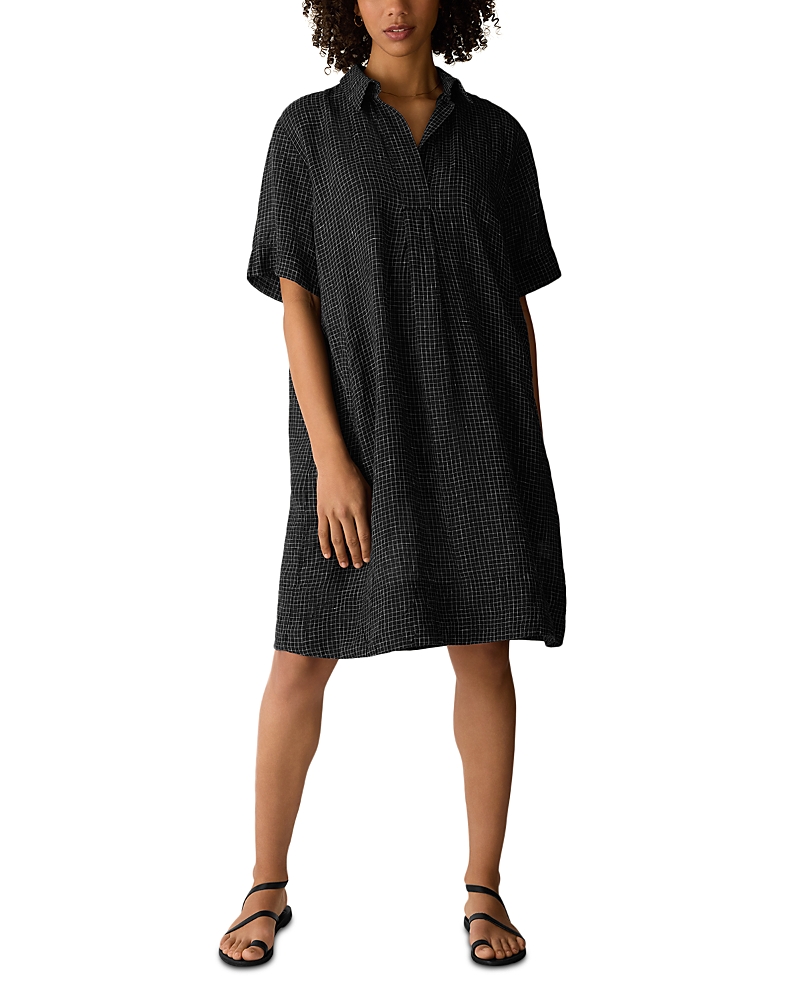 Eileen Fisher Puckered Linen Grid Classic Collar Dress