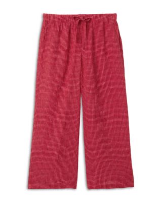 Puckered Linen Grid Wide Ankle Pants with Drawstring