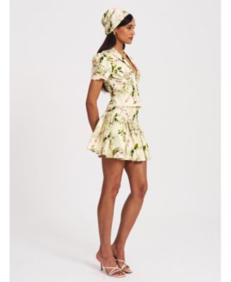  Zanella Floral Print Lace Trim Linen Top