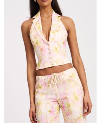  Lauren Floral Print Ruched Back Linen Suit Vest