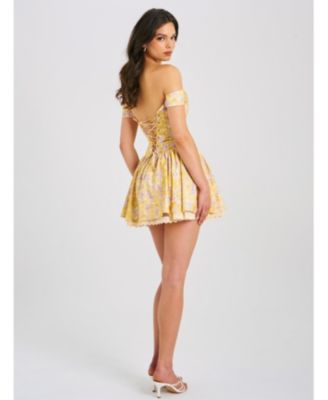  Oana Floral Print Linen Collared Off Shoulder Mini Dress