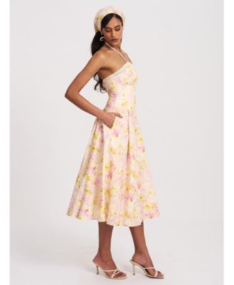  Zaina Floral Print Lace Trim Linen Midi Dress