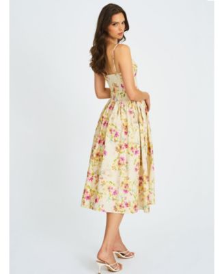  Jacinde Drop Waist Floral Print Linen Midi Dress