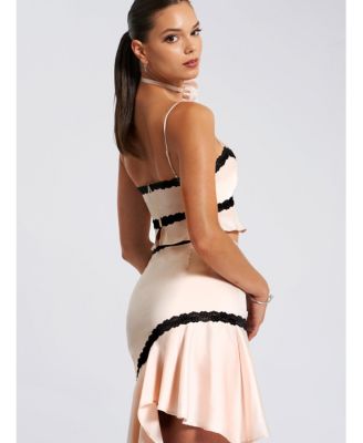  Yahvi Lace Trim Satin Skirt