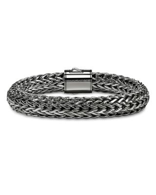 Dark Silver Icon Black Sapphire Pav&eacute; Clasp Woven Link Bracelet, 10.5mm