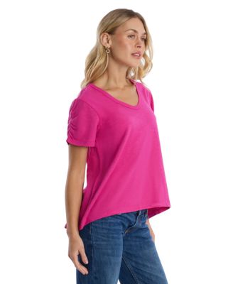 Deep V-Neck Ruched Sleeve Tee
