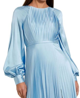  Pleated High Neck Raglan Long Sleeve Side Slit Gown