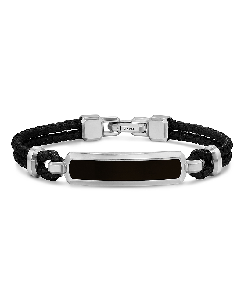 David Yurman Streamline Id Bar Bracelet in Black Leather with Sterling Silver and Black Onyx, 10mm