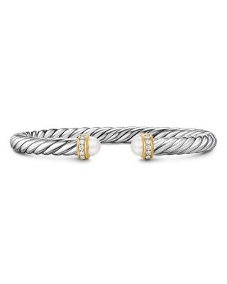 Cable Flex&reg; Bracelet in Sterling Silver with 14K Yellow Gold, Pearls and Diamonds, 6mm