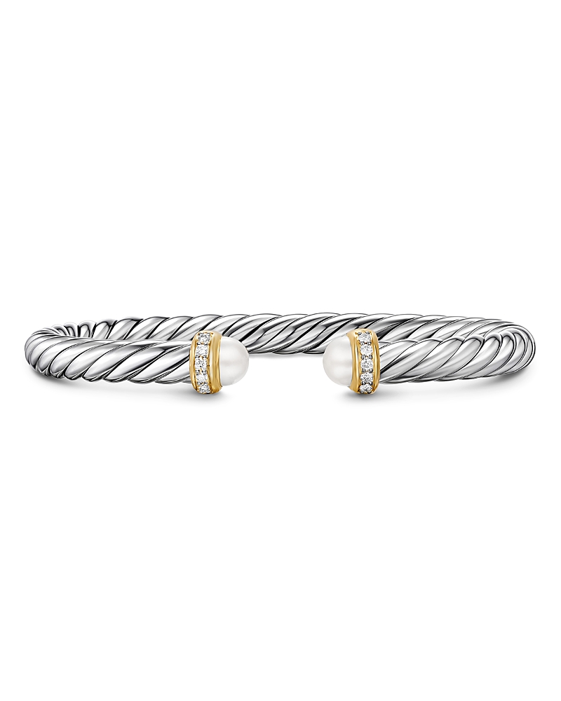 David Yurman Cable Flex Bracelet in Sterling Silver with 14K Yellow Gold, Pearls and Diamonds, 6mm
