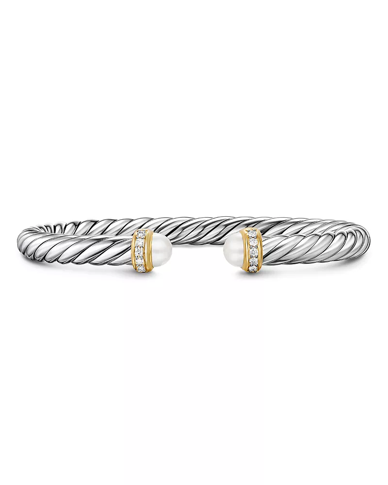 David Yurman Cable Flex Bracelet in Sterling Silver with 14K Yellow Gold, Pearls and Diamonds, 6mm