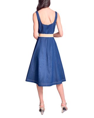 Faux Denim Midi Belted Dress