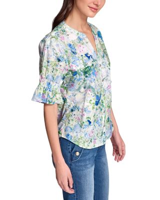 Quarter Sleeve Printed Button Down Blouse