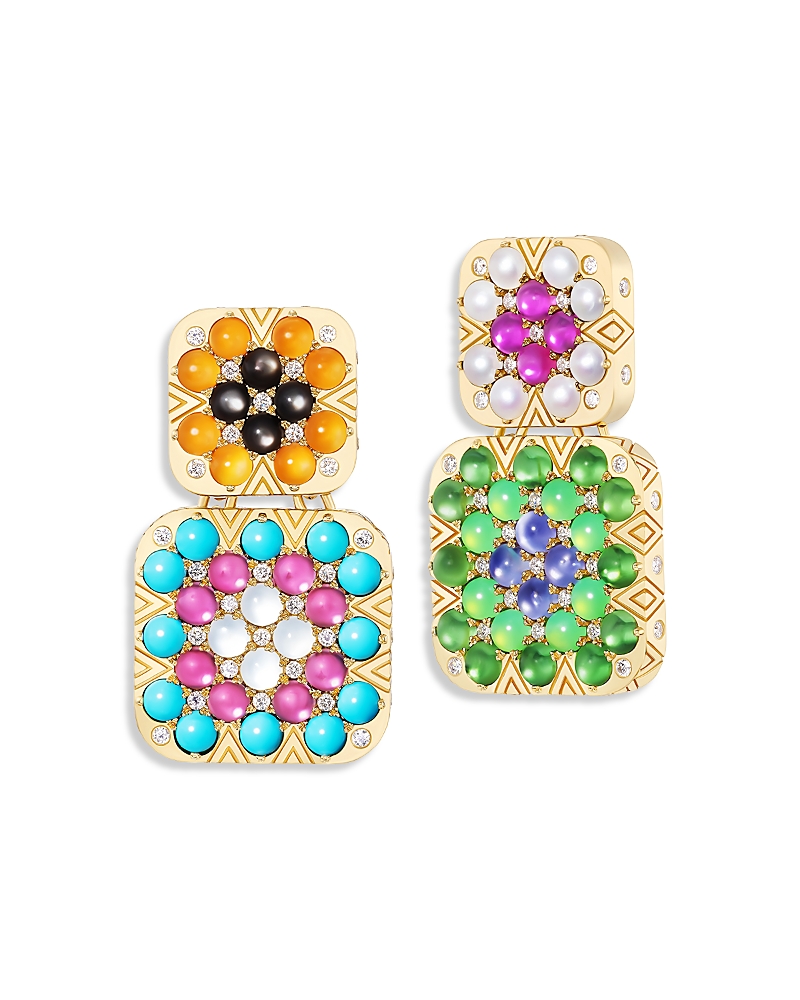 Harwell Godfrey 18K Yellow Gold 1975 Multi Gemstone & Diamond Granny Squares Thelma Mismatch Drop Earrings