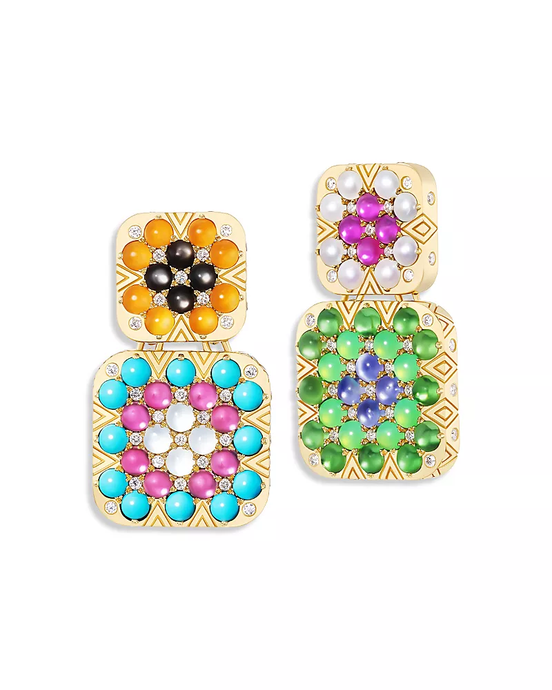 Harwell Godfrey 18K Yellow Gold 1975 Multi Gemstone & Diamond Granny Squares Thelma Mismatch Drop Earrings