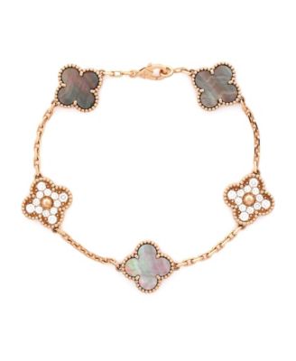  Vintage Alhambra 5 Motifs Bracelet 18K Rose Gold and Mother of Pearl with Diamonds