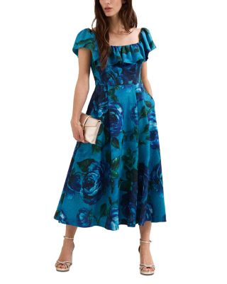 Brianne Blue Floral Ruffle Midi Dress