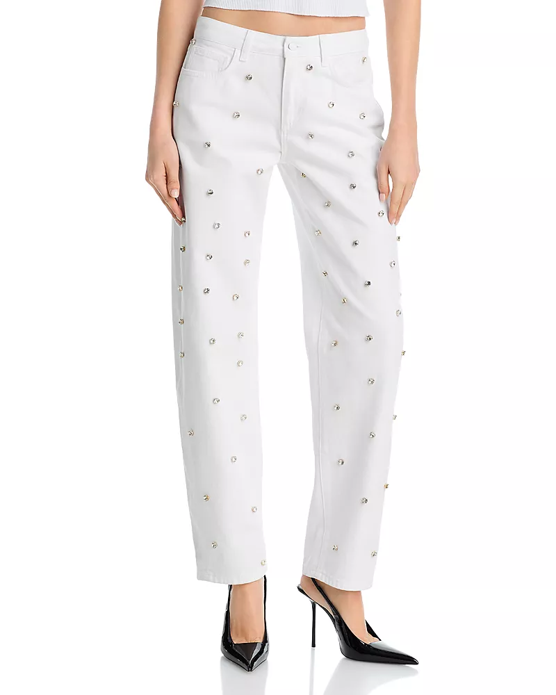 L'Agence Bex High Rise Embellished Rodeo Jeans in Blanc