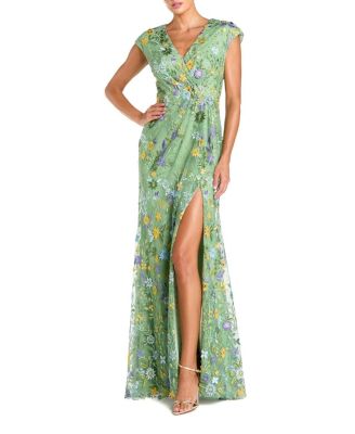 Faux Wrap Embroidered Cap Sleeve Gown