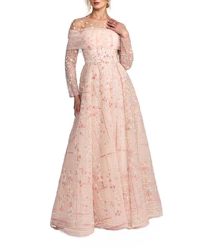 Mac Duggal Illusion Neck Long Sleeve Embroidered Ballgown