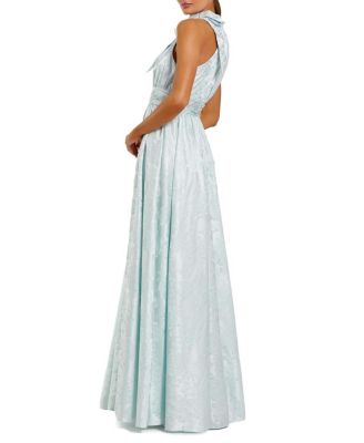 Sleeveless Halter Neck Brocade Gown With Bow Detail