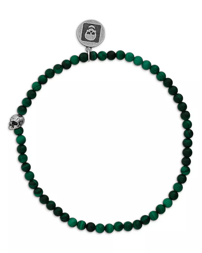 John Varvatos Men's Sterling Silver Malachite Bead Skull Charm Bracelet