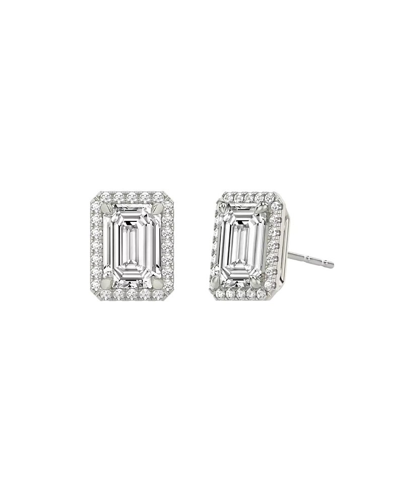 Vrai Halo Stud Earrings in 14K Gold, 1.5ctw Emerald Lab Grown Diamond