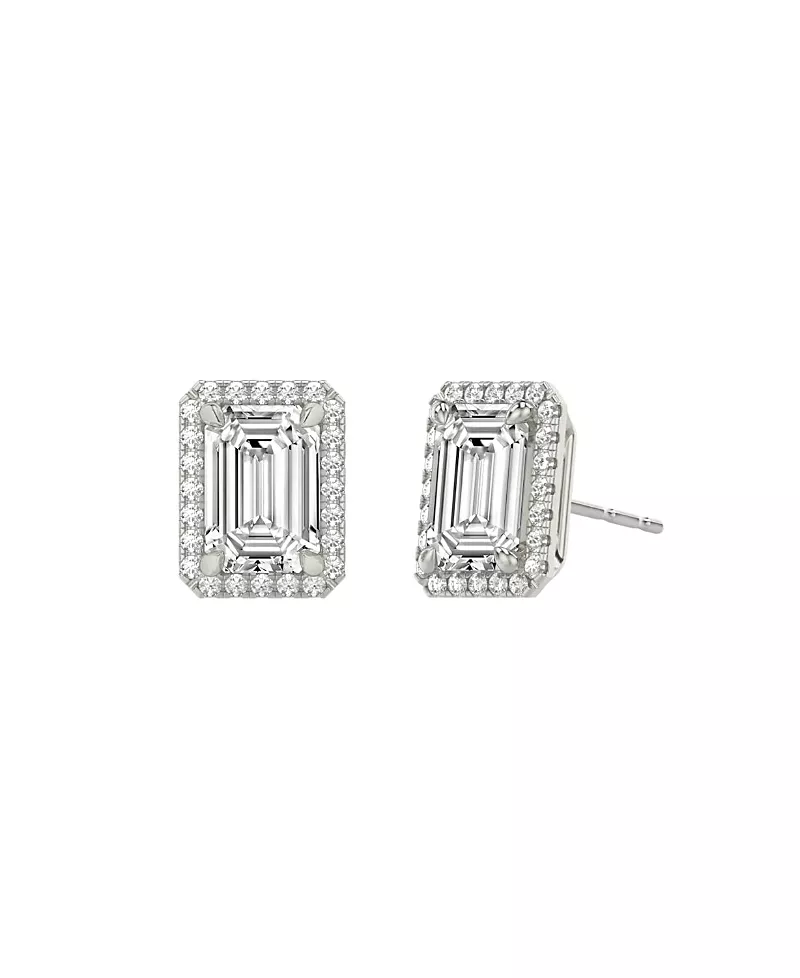 Vrai Halo Stud Earrings in 14K Gold, 1.5ctw Emerald Lab Grown Diamond