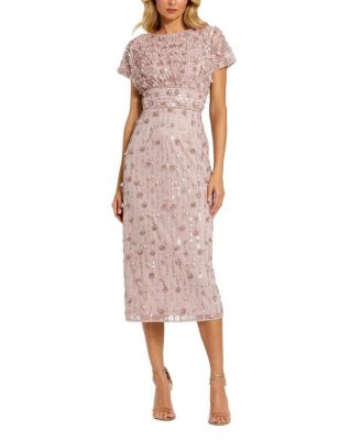  Petite Cap Sleeve Sheath Midi Dress With Floral Beading