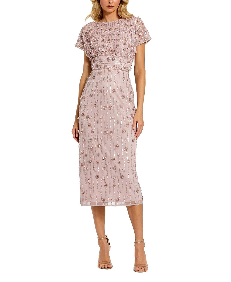 Mac Duggal Petite Cap Sleeve Sheath Midi Dress With Floral Beading
