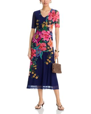 Elbow Sleeve V Neck Mesh Midi Dress