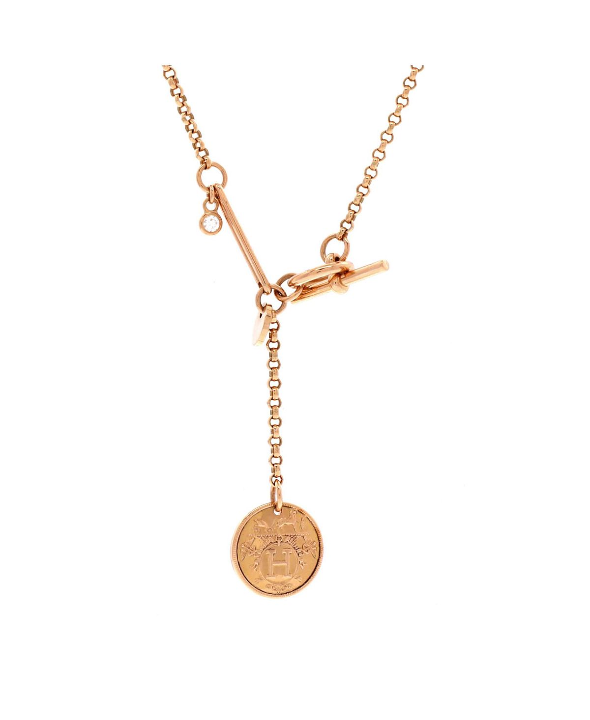 Pre-Owned HERMES Small Ex-Libris Pendant Necklace 18K Rose Gold with Diamond, 16.75