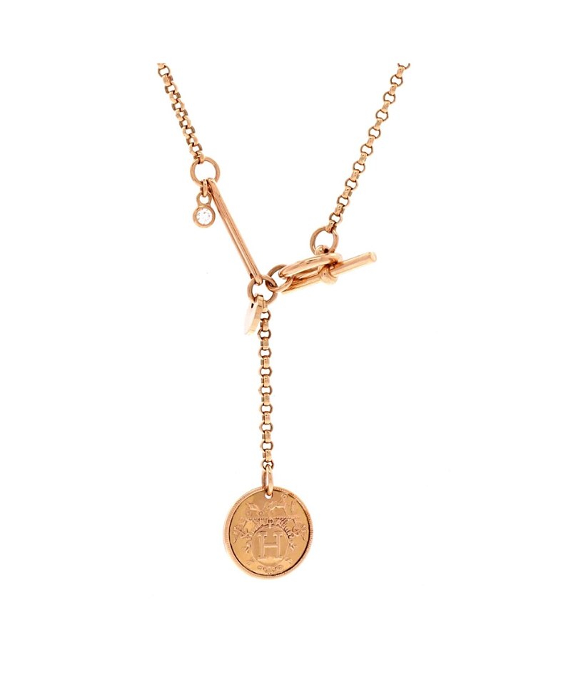 Pre-owned Pre-owned Hermes Hermes Small Ex-libris Pendant Necklace 18k Rose Gold With Diamond, 16.75 In Pink